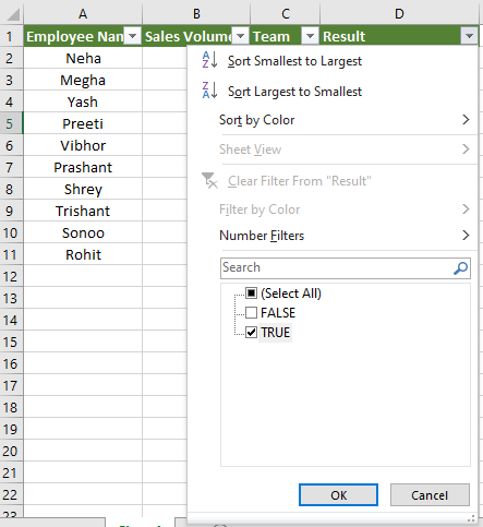 function to compare two columns in excel