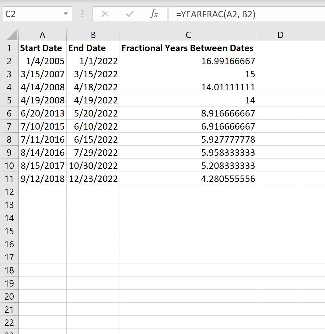 calculate fractional years between two dates in Excel