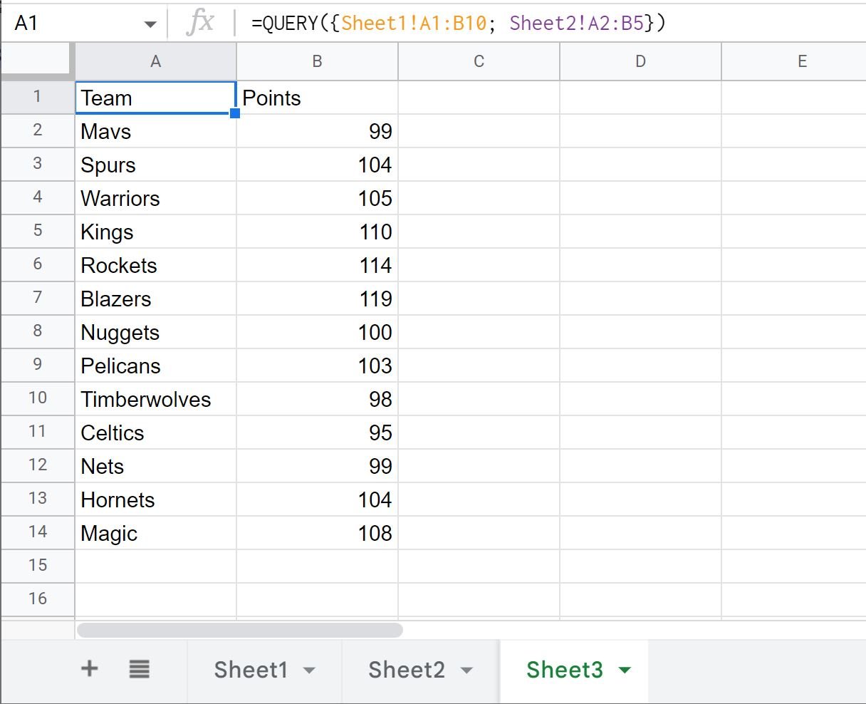 Google Sheets query from multiple ranges