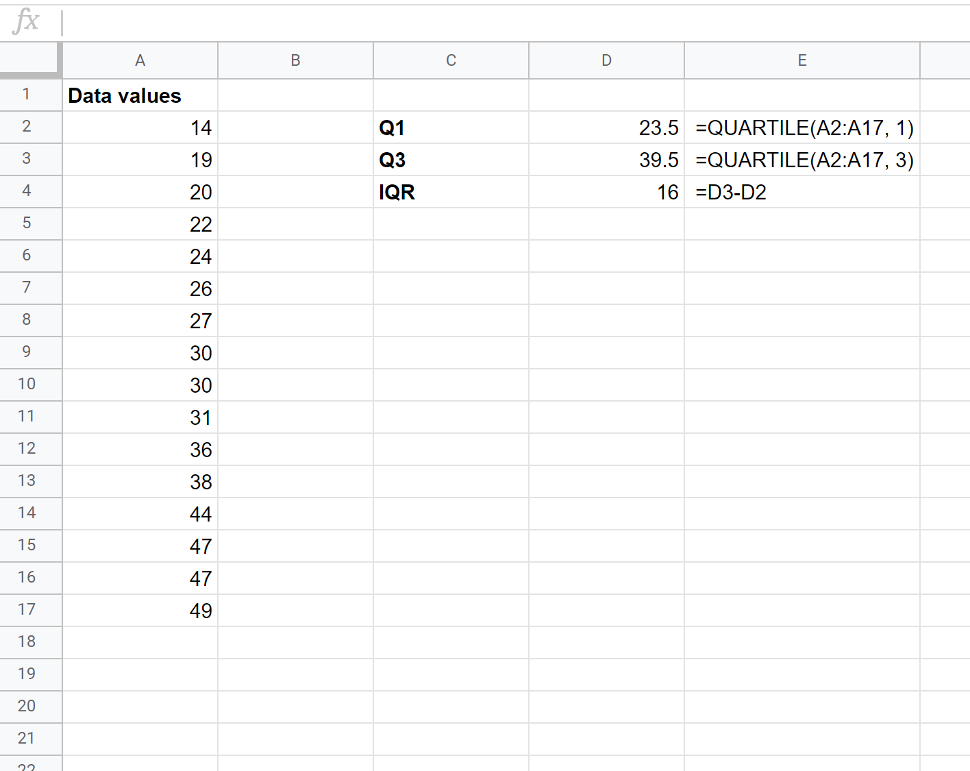 Interquartile range (IQR) in Google Sheets