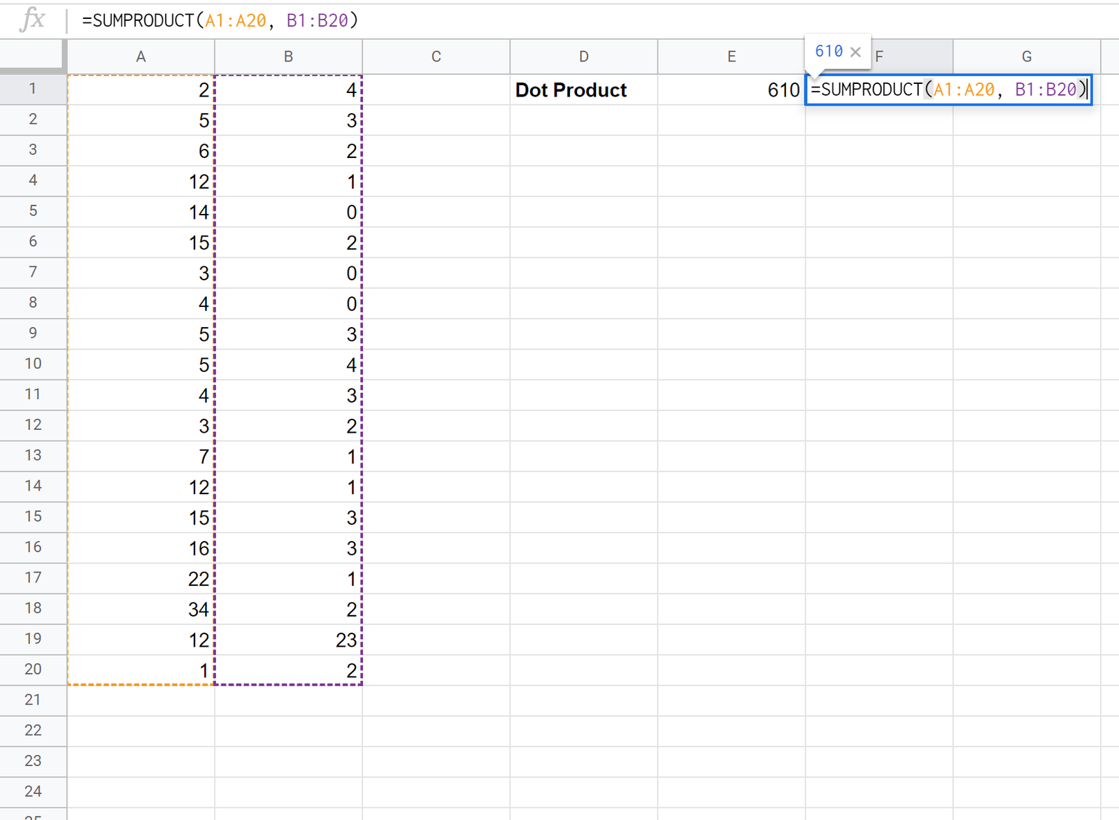 Dot product formula in Google Sheets