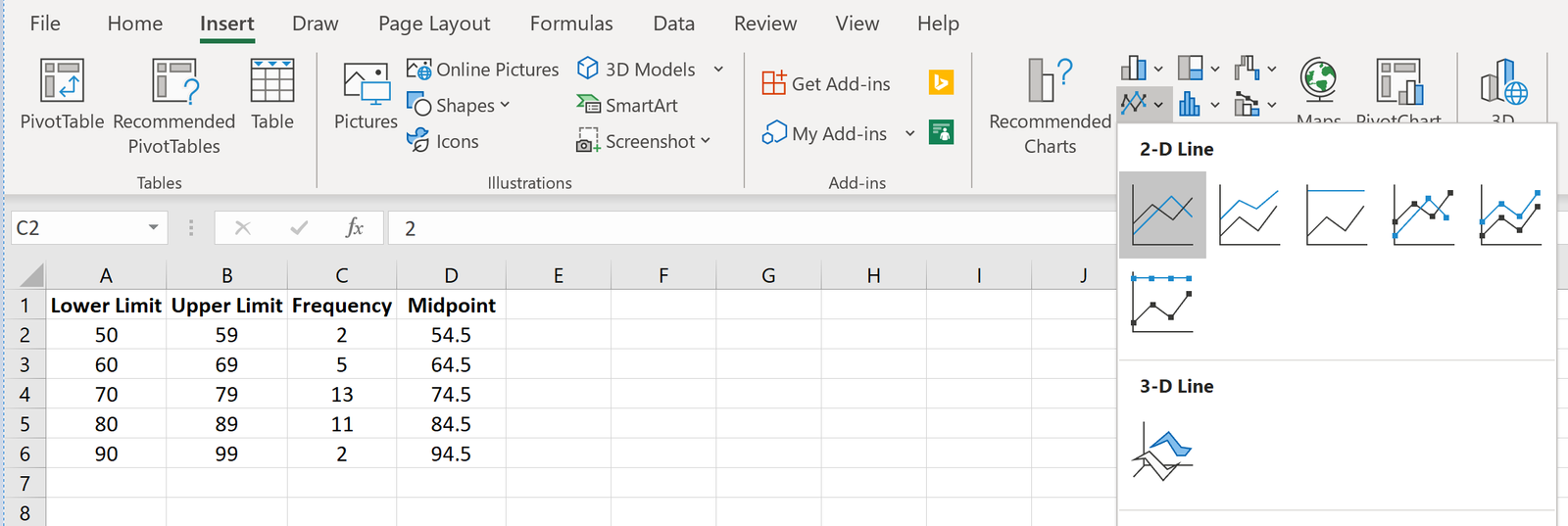 Frequency polygon in Excel