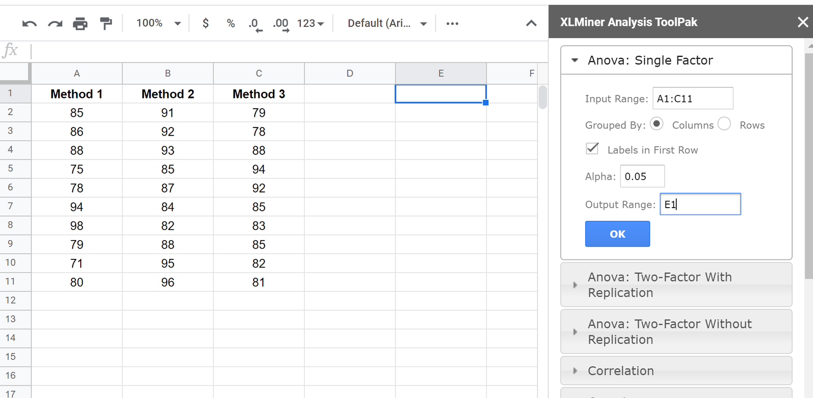 One-way ANOVA in Google Sheets